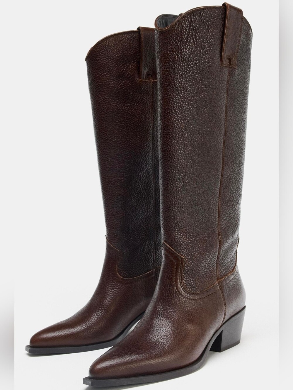 NWT ZARA Brown Pebbled Leather Western Cowboy Boots Women's 6.5 EUR 37